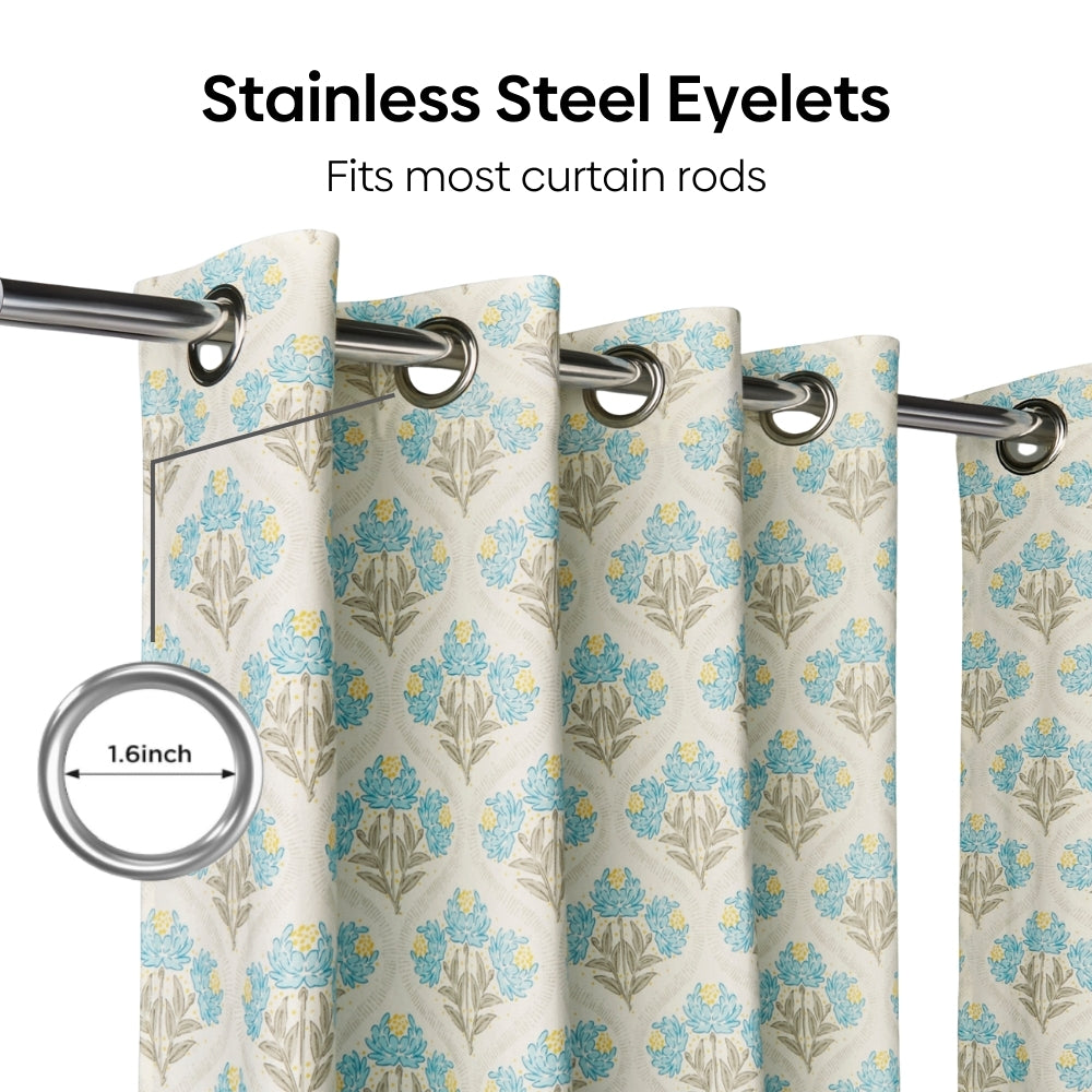 Cotton Printed Pack Of 2 Curtain Floral Poise, Blue