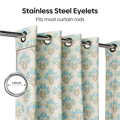 Cotton Printed Pack Of 2 Curtain Floral Poise, Blue