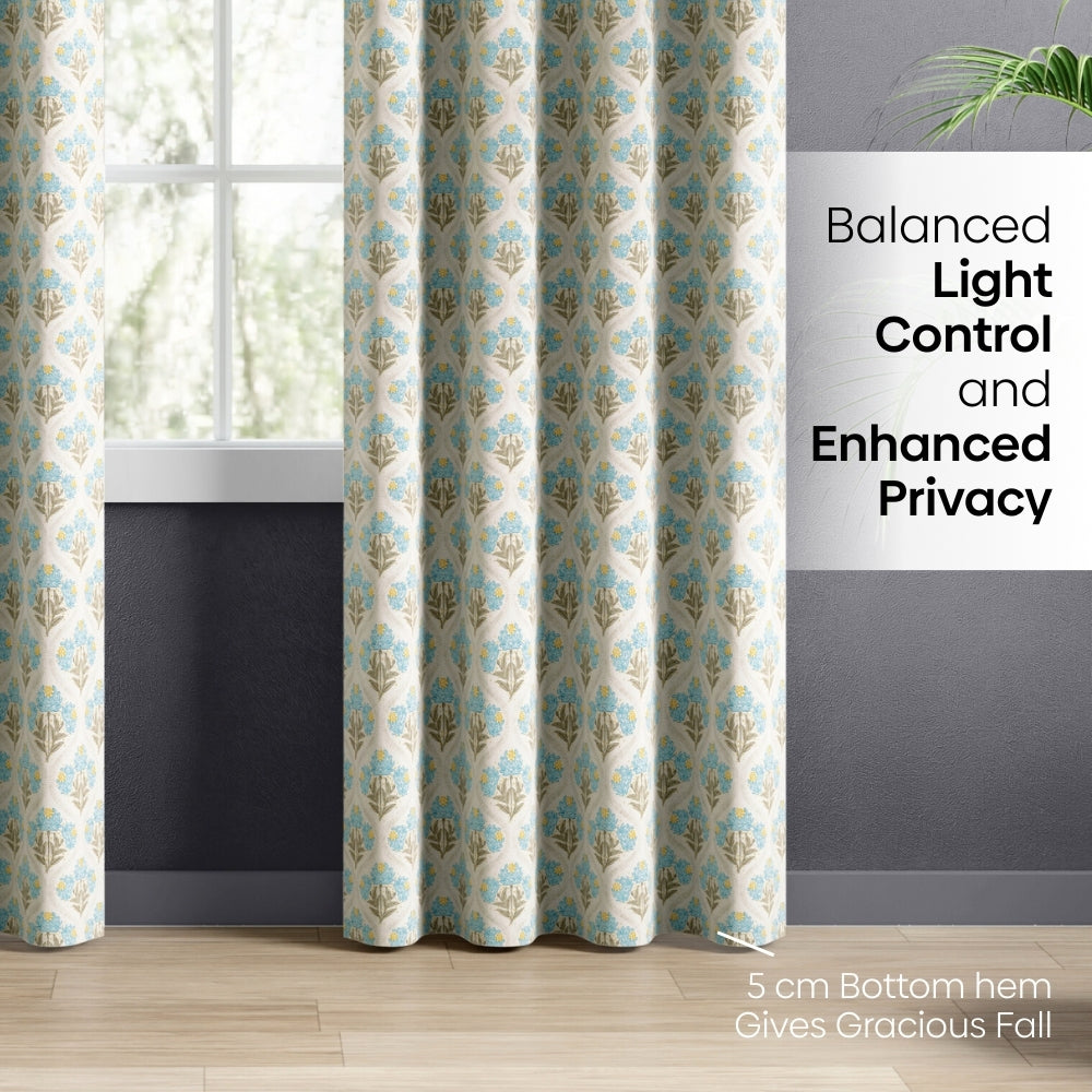 Cotton Printed Pack Of 2 Curtain Floral Poise, Blue