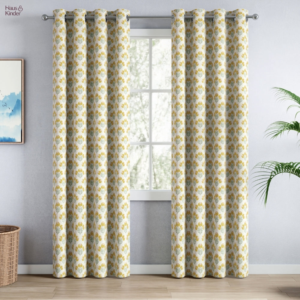 Cotton Printed Pack Of 2 Curtain Floral Poise, Yellow