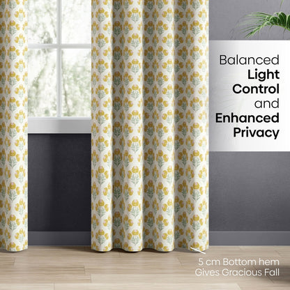 Cotton Printed Pack Of 2 Curtain Floral Poise, Yellow