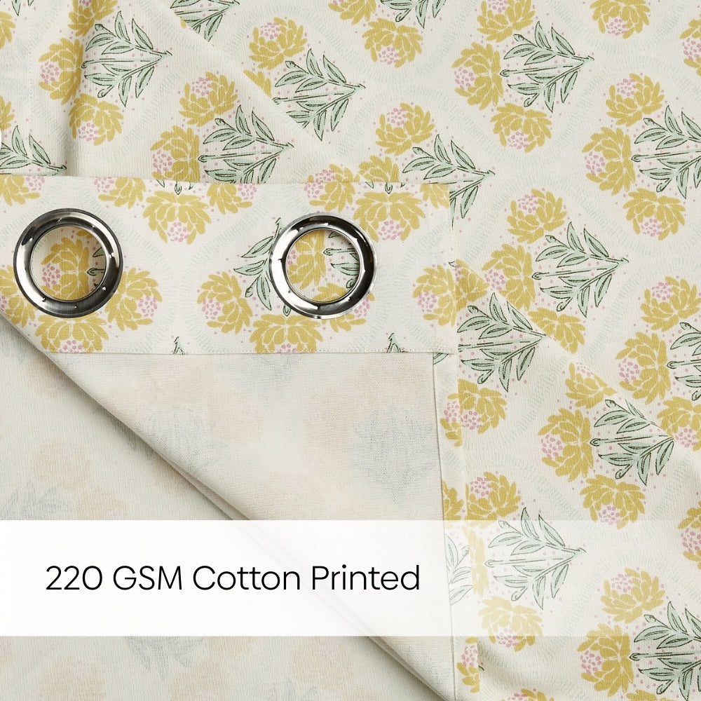 Cotton Printed Pack Of 2 Curtain Floral Poise, Yellow