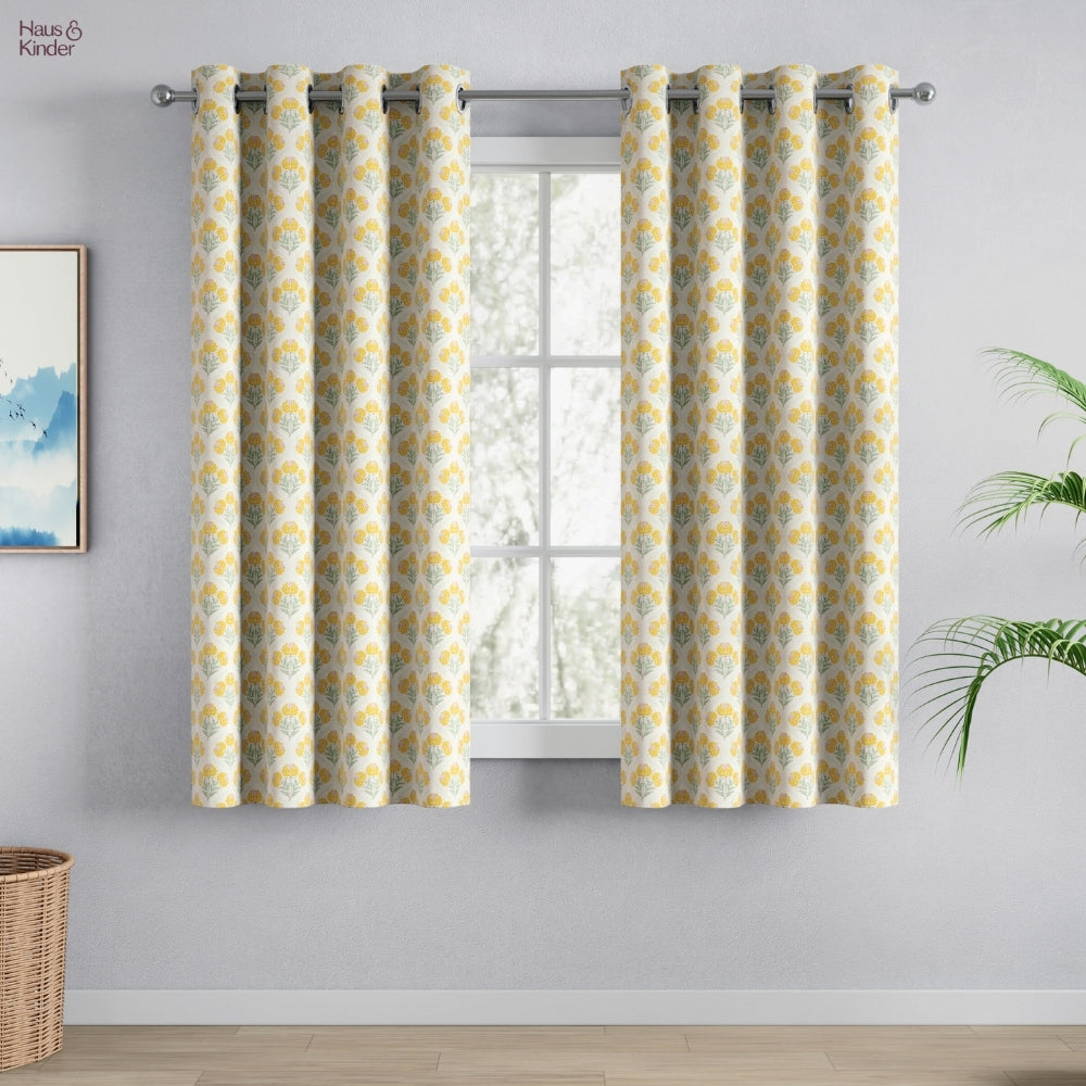 Cotton Printed Pack Of 2 Curtain Floral Poise, Yellow