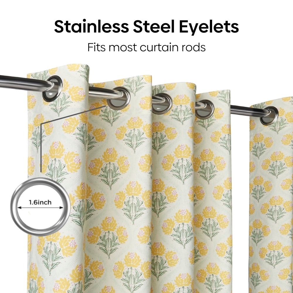 Cotton Printed Pack Of 2 Curtain Floral Poise, Yellow