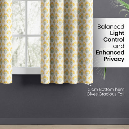 Cotton Printed Pack Of 2 Curtain Floral Poise, Yellow