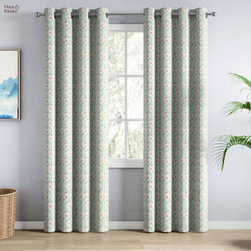 Cotton Printed  Pack Of 2 Curtain Pink Blossom, Teal