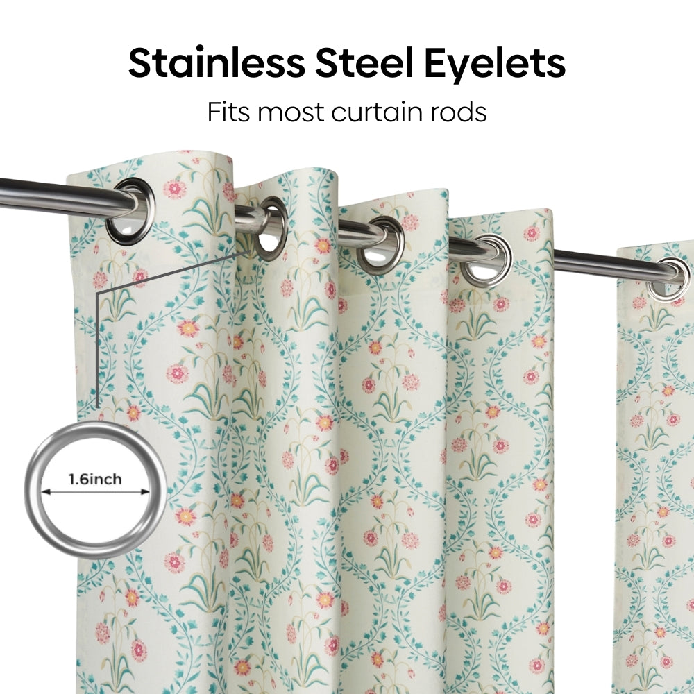 Cotton Printed  Pack Of 2 Curtain Pink Blossom, Teal