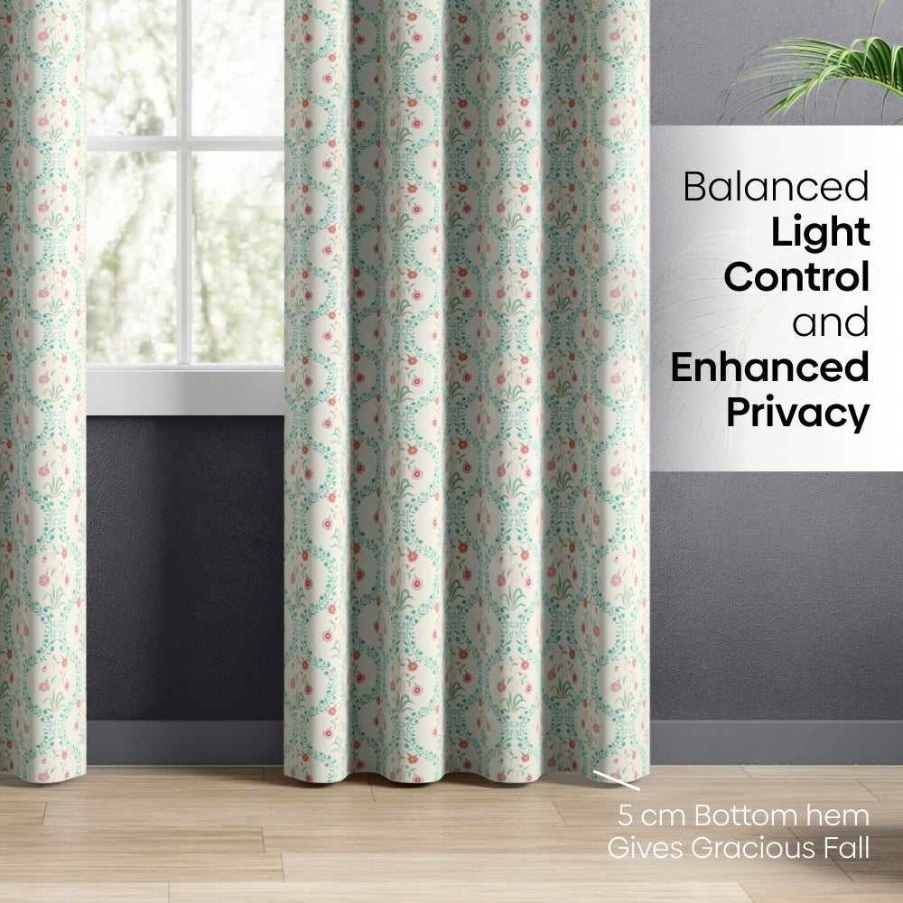 Cotton Printed  Pack Of 2 Curtain Pink Blossom, Teal