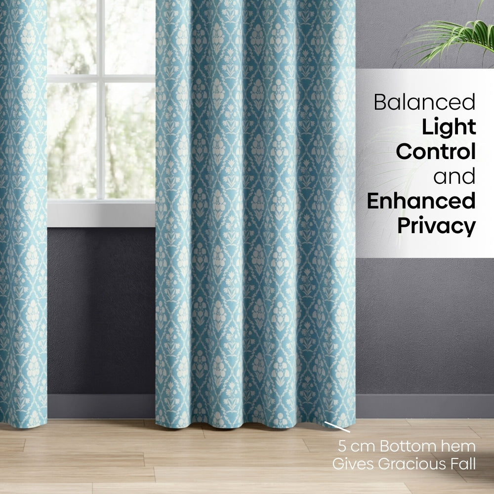 Cotton Printed Pack Of 2 Curtain Heritage Hues, Pale Teal