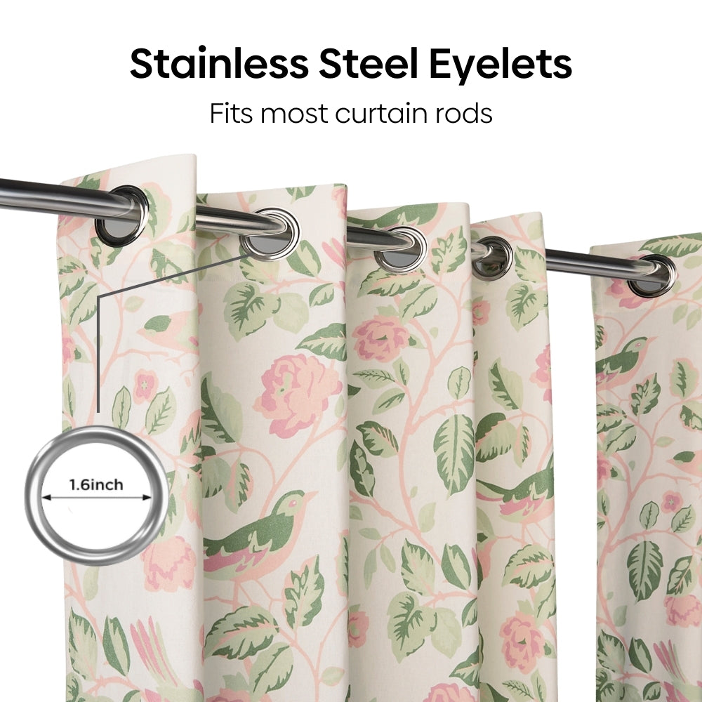 Cotton Printed Pack Of 2 Curtain Curtain Pastel Aviary, Green