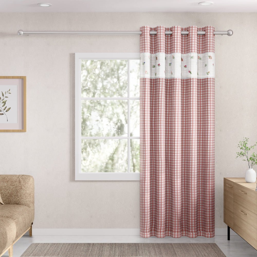 Petal Plaids Decorative Embroidered Cotton Door Curtain, Blush - Decorative Sheer | haus & kinder