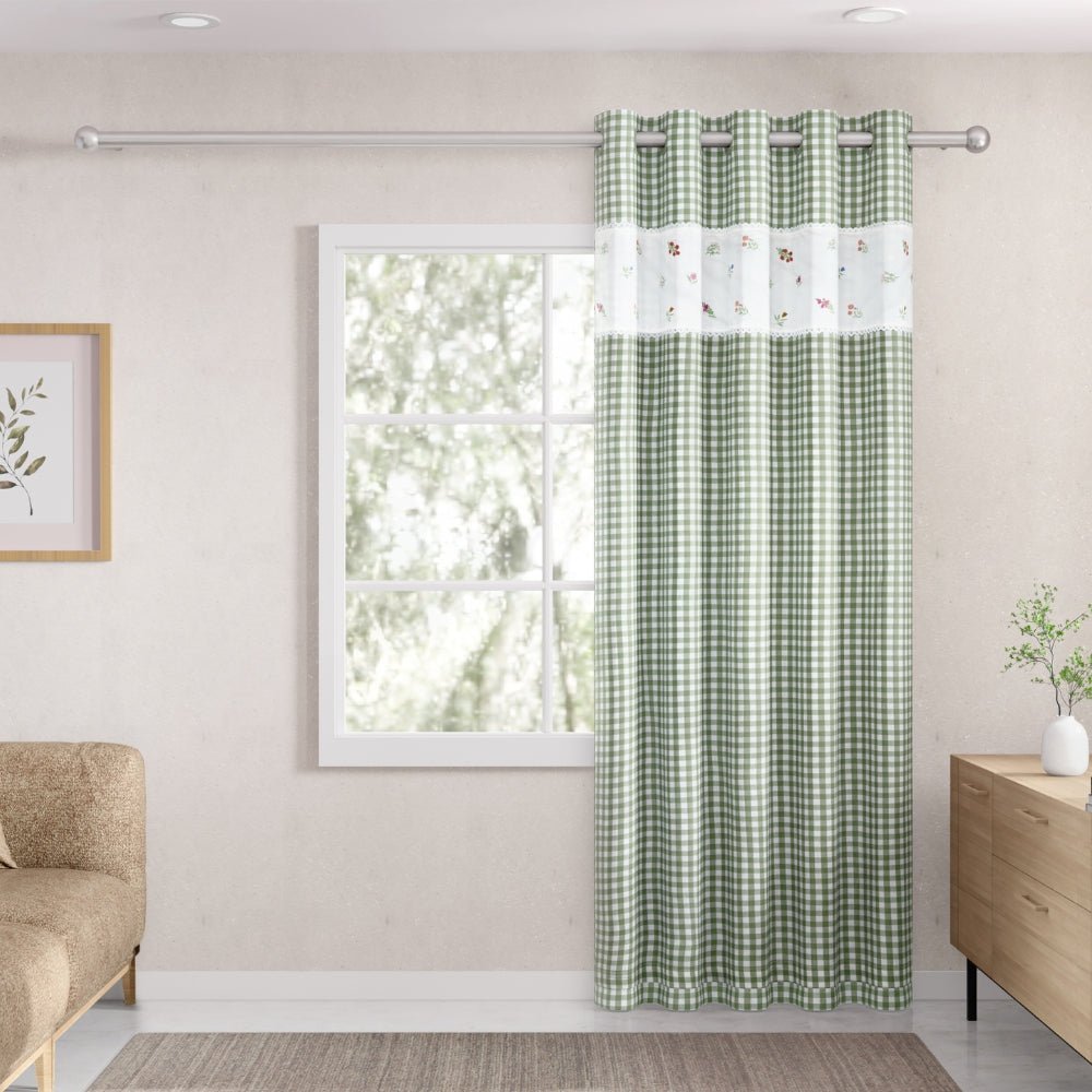 Petal Plaids Decorative Embroidered Cotton Door Curtain, Sage Green - Decorative Sheer | haus & kinder