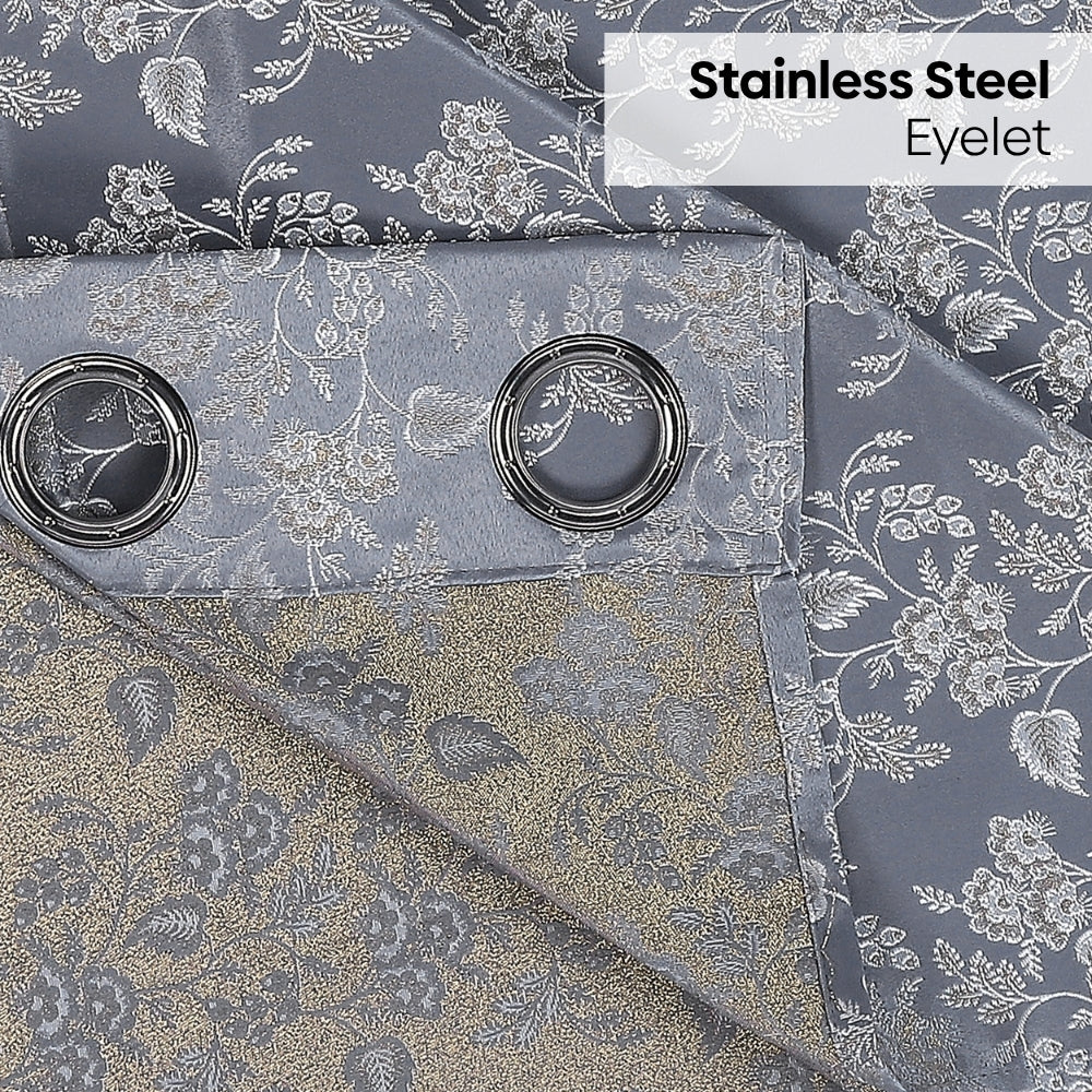 Vintage Bloom Cotton Printed Pack Of 2 Curtain, Grey