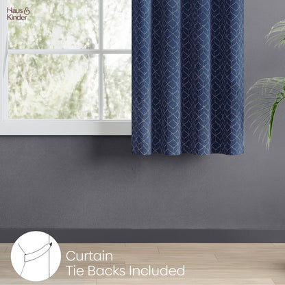 Polyester Jacquard  Window Curtains Nautical Grid, Indigo Blue