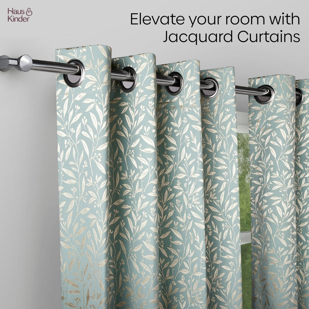 Poly Cotton Jacquard  Window Curtains Silver Willow, Firozi