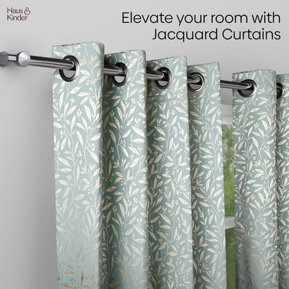 Poly Cotton Jacquard  Window Curtains Silver Willow, Firozi