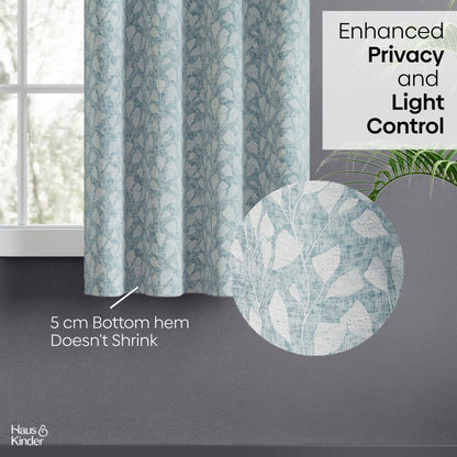 Poly Cotton Jacquard  Window Curtain Slate Leaf, Ice Blue