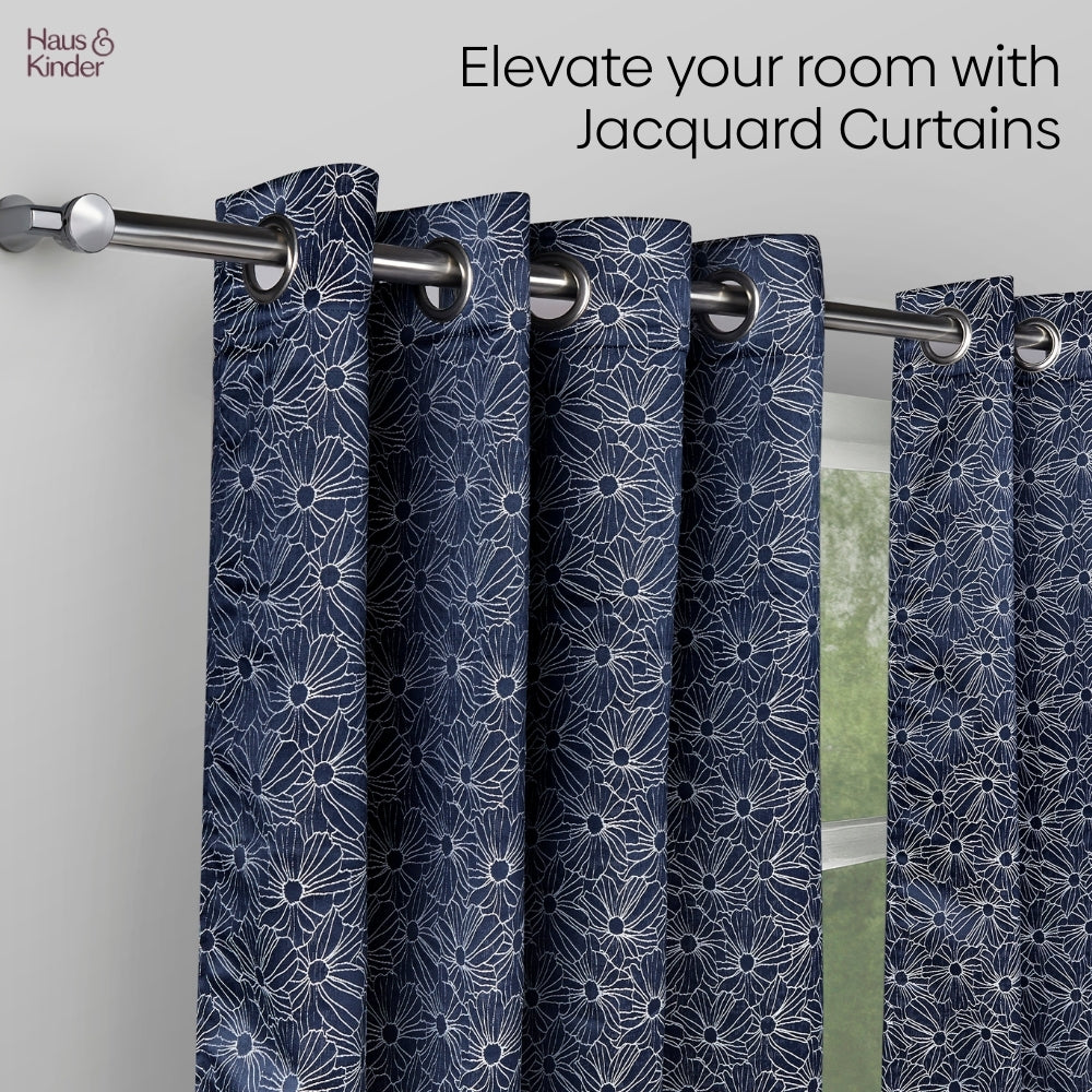 Polyester Jacquard Window Curtains Midnight Daisy, Indigo Blue