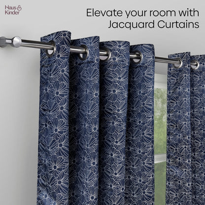 Polyester Jacquard Window Curtains Midnight Daisy, Indigo Blue