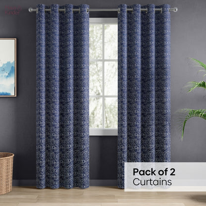 Polyester Jacquard Window Curtains Midnight Daisy, Indigo Blue