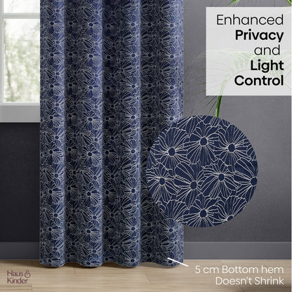 Polyester Jacquard Window Curtains Midnight Daisy, Indigo Blue