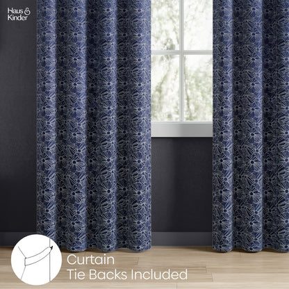 Polyester Jacquard Window Curtains Midnight Daisy, Indigo Blue