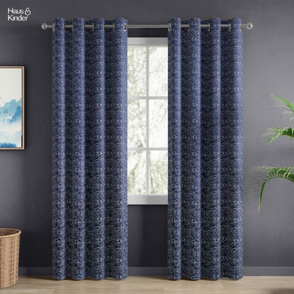 Polyester Jacquard Window Curtains Midnight Daisy, Indigo Blue