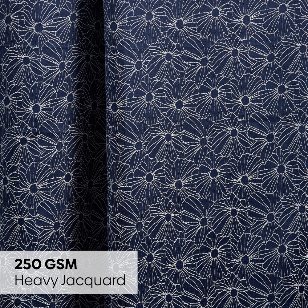 Polyester Jacquard Window Curtains Midnight Daisy, Indigo Blue