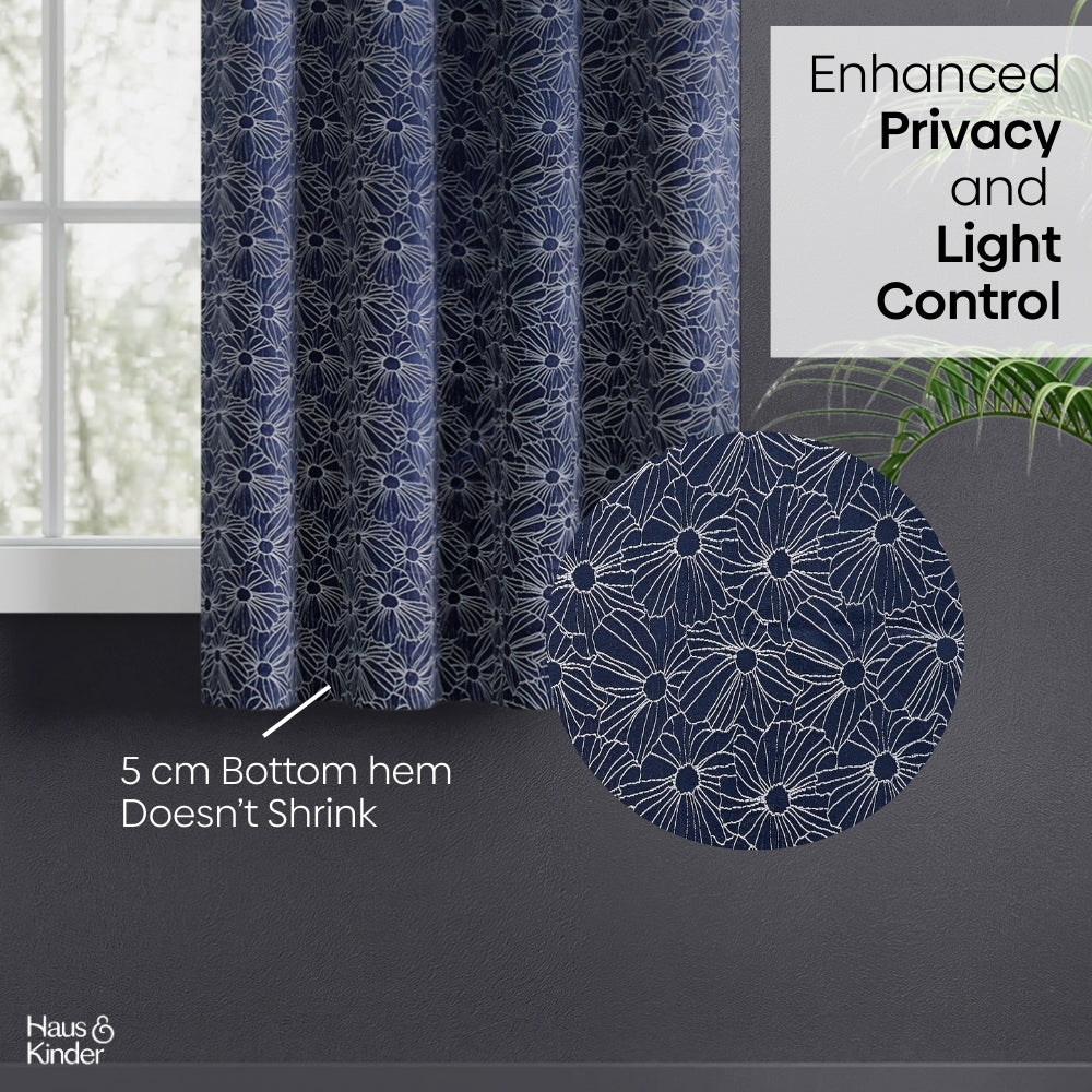 Polyester Jacquard Window Curtains Midnight Daisy, Indigo Blue
