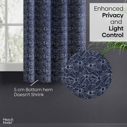 Polyester Jacquard Window Curtains Midnight Daisy, Indigo Blue