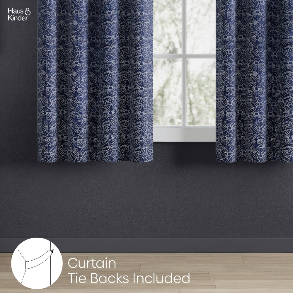 Polyester Jacquard Window Curtains Midnight Daisy, Indigo Blue