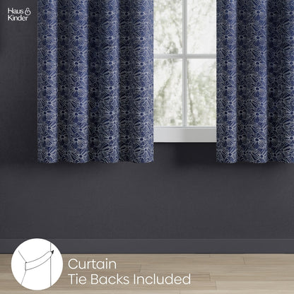 Polyester Jacquard Window Curtains Midnight Daisy, Indigo Blue