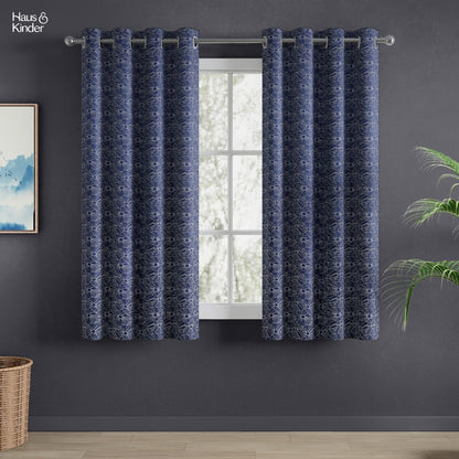 Polyester Jacquard Window Curtains Midnight Daisy, Indigo Blue