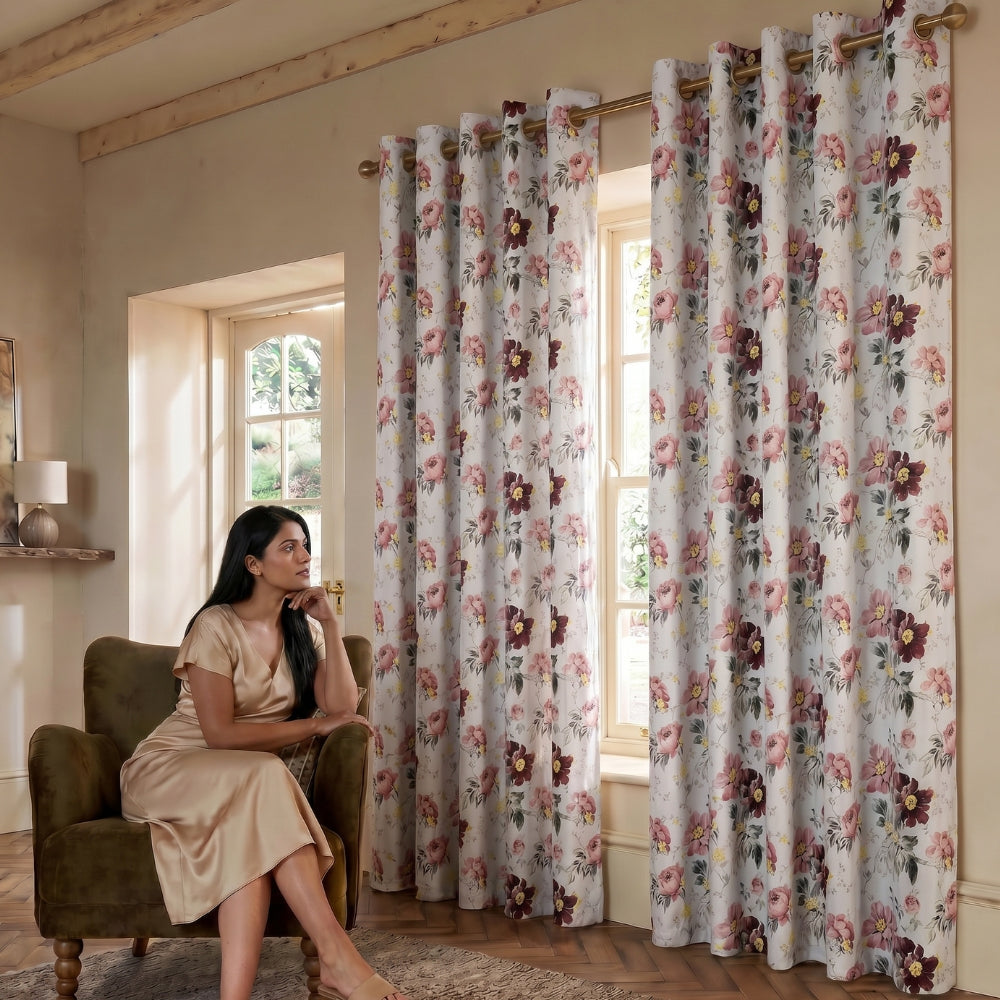 Vintage Blossom Cotton Printed Pack Of 2 Curtain, Multicolor