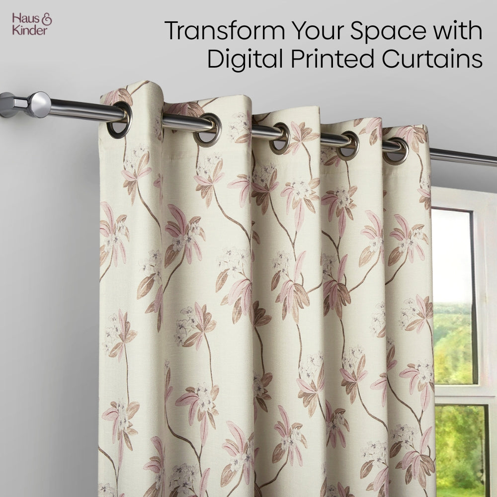 Poly Cotton Digital Printed  Window Curtain Soft Petal Bloom, Light Pink