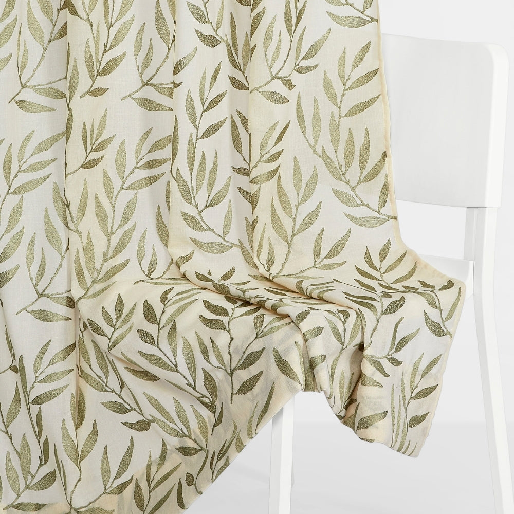 Botanical Whisper Embroidered Sheer Door Curtain - Olive