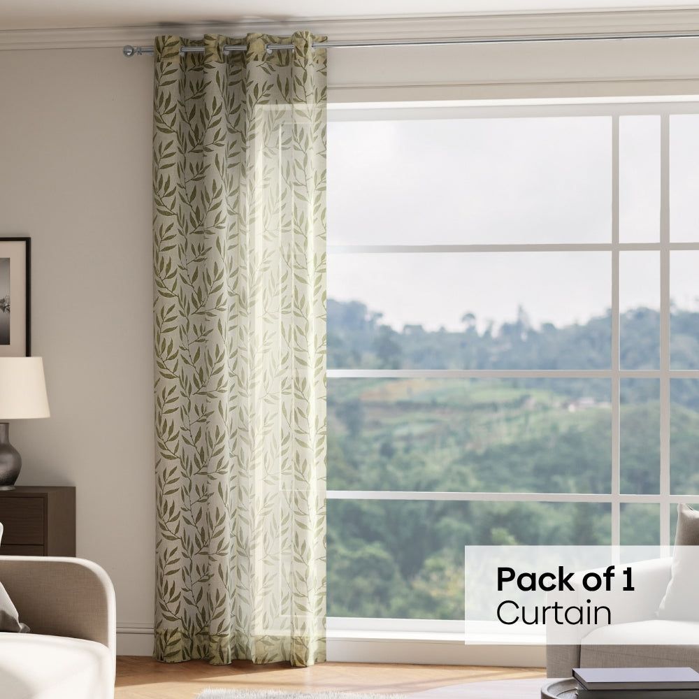 Botanical Whisper Embroidered Sheer Door Curtain - Olive