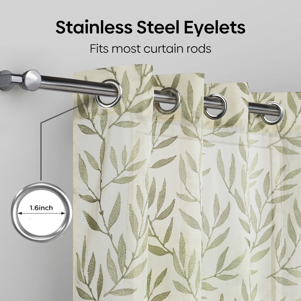 Botanical Whisper Embroidered Sheer Door Curtain - Olive