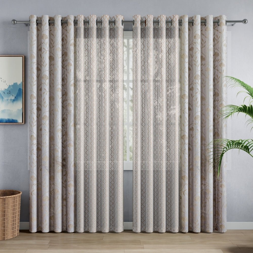 Serene Botanical Jacquard Room Darkening & Sheer Pack of 4 Door Curtains, Beige - Jacquard & Sheer | haus & kinder