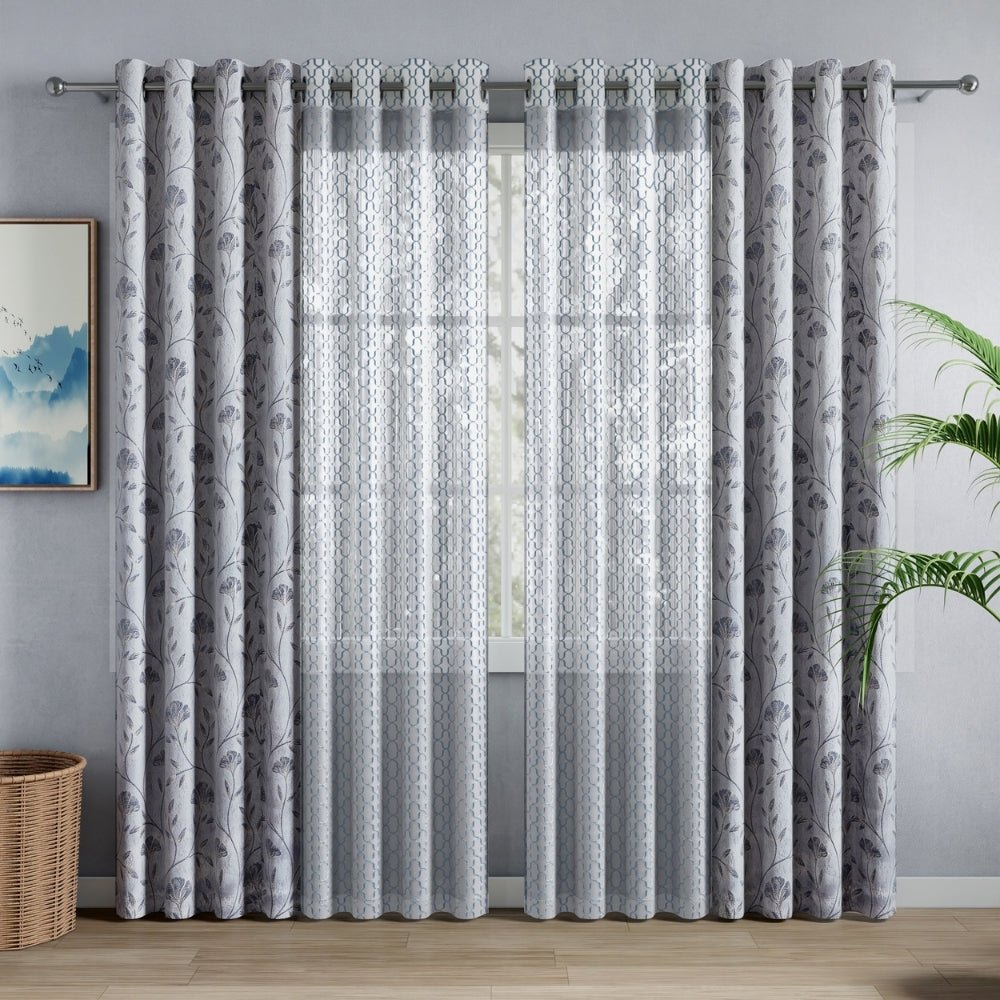 Serene Botanical Jacquard Room Darkening & Sheer Pack of 4 Door Curtains, Grey - Jacquard & Sheer | haus & kinder
