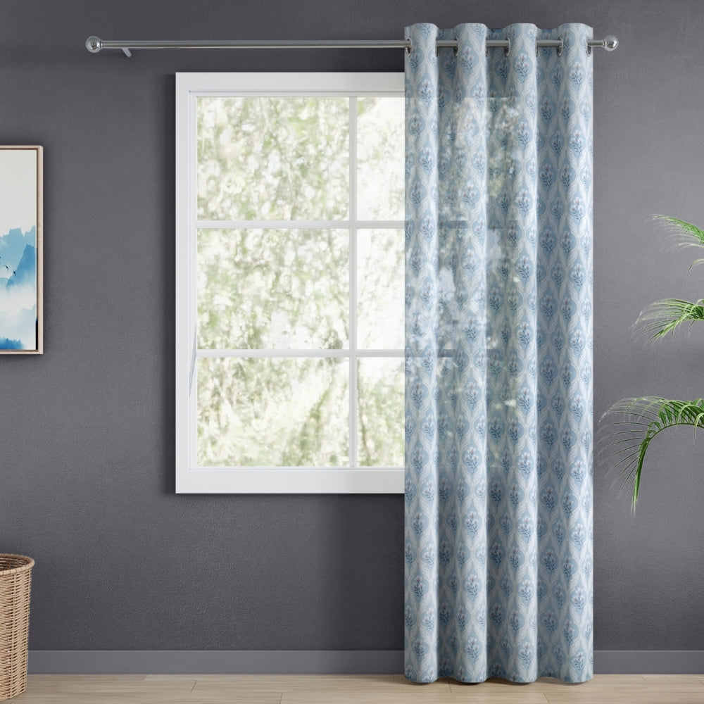 Bloom Lattice Cotton Printed Pack Of 2 Curtain, Blue