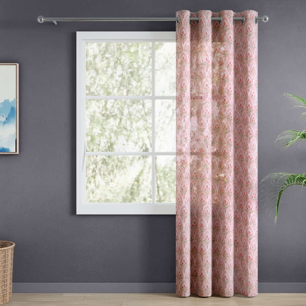 Ornate Blossom Cotton Printed Pack Of 2 Curtain, Pink
