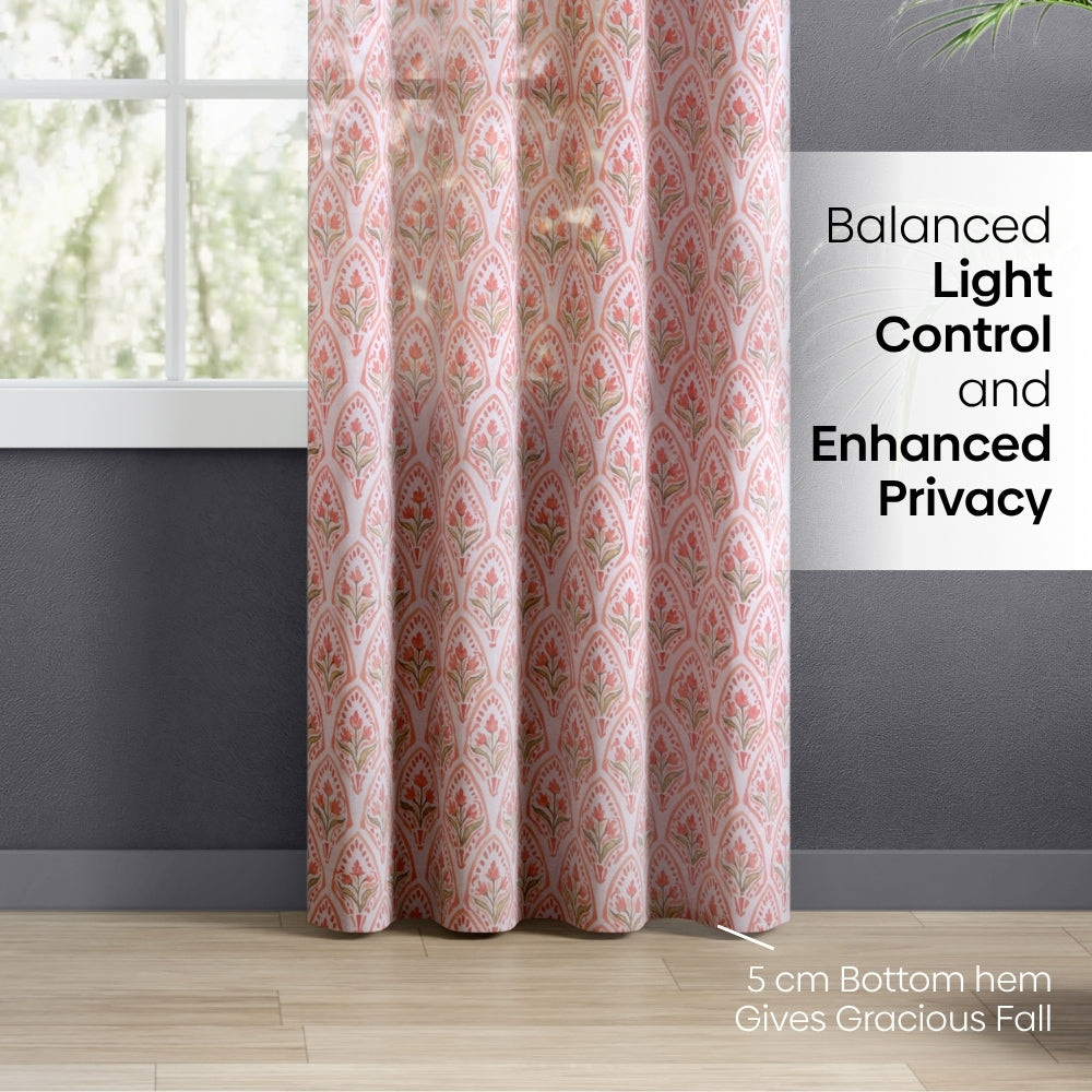 Ornate Blossom Cotton Printed Pack Of 1 Curtain, Pink