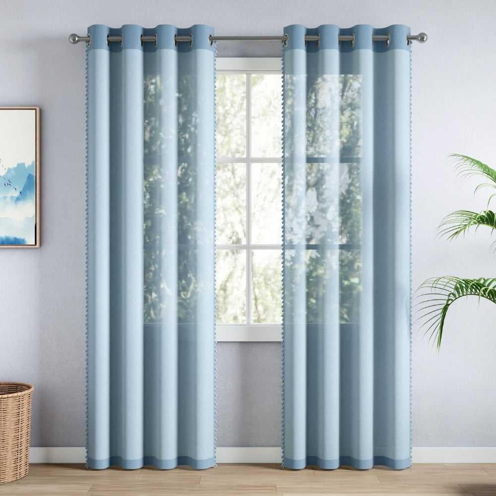 100% Polyester Decorated Solid Sheer Door Curtain, Light Blue