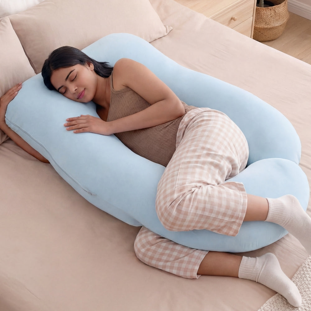 J-Shape Maternity Pillow With Cotton Cover- Blue