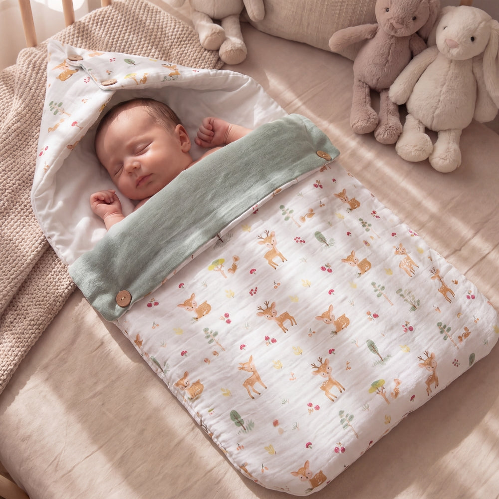 Whimsical Woodland Muslin Carrier Nest / sleeping bag , 0-12 Months