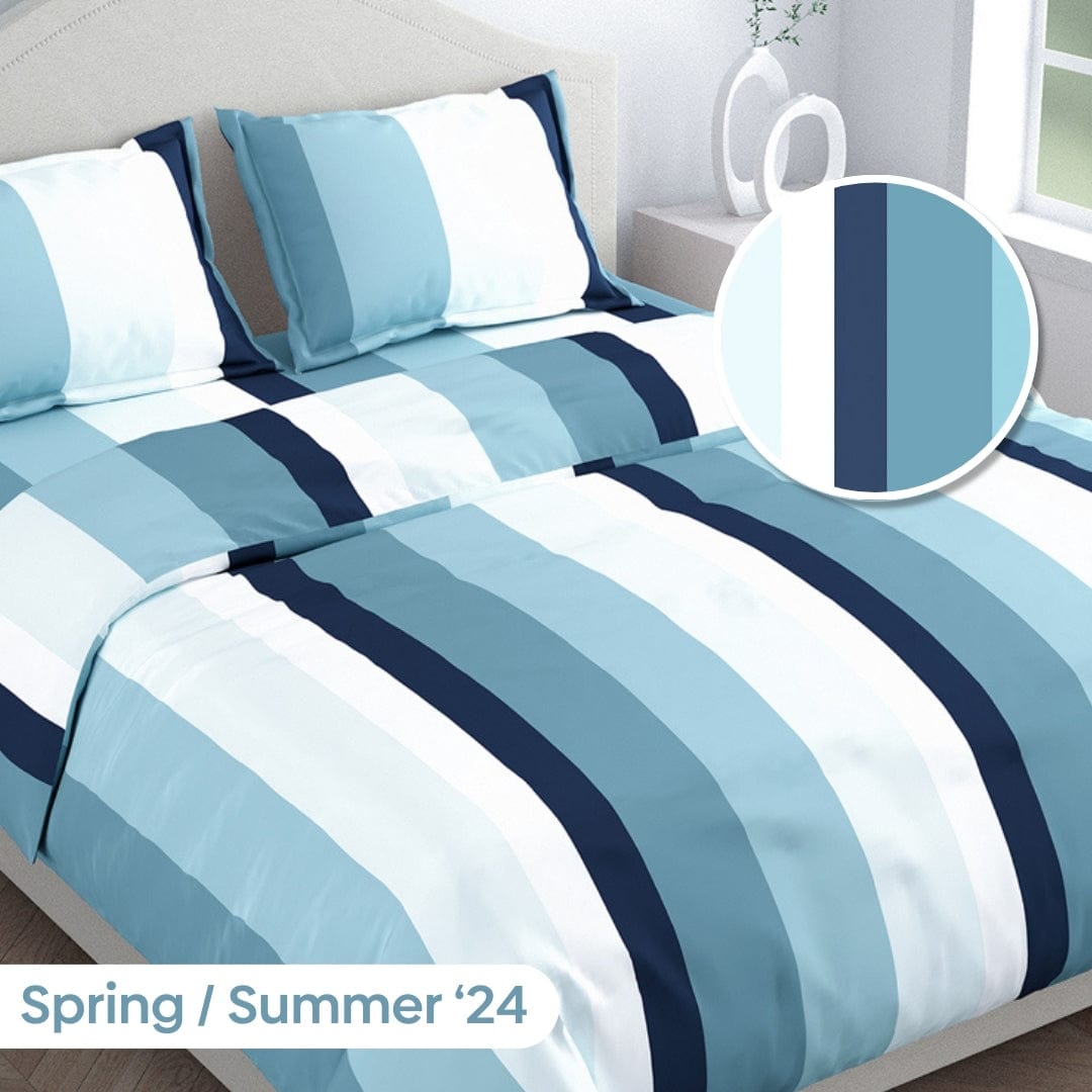 Coastal Stripes Navy 100% Cotton King Fitted Bedsheet, 186 TC