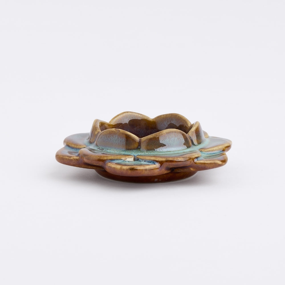 Ceramic Flower Diya, Set of 2- Blue/Brown