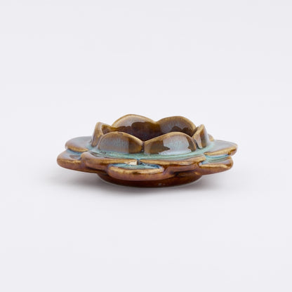 Ceramic Flower Diya, Set of 2- Blue/Brown