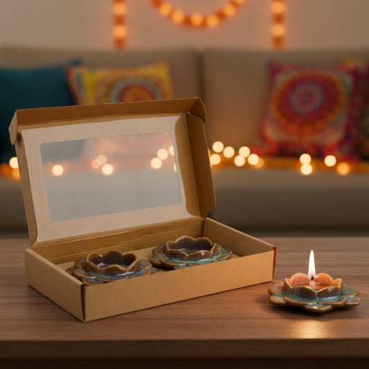 Ceramic Flower Diya, Set of 2- Blue/Brown